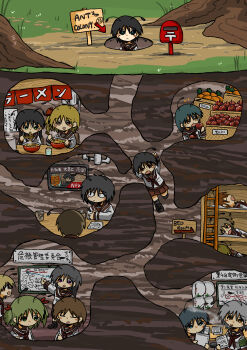6+girls absurdres ant_girl antennae apple arthropod_girl bed black_hair blonde_hair brown_hair brown_neckerchief bunk_bed carrot english_text food fruit fruit_basket grass green_hair hard_hat helmet highres holding holding_paper izakaya kishimen_udn mailbox_(incoming_mail) mini_person minigirl multiple_girls neckerchief noodles original paper personification ramen school_uniform serafuku sign soil television tree underground white_hair whiteboard
