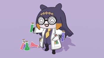 1girl 3d :d black_footwear blunt_bangs chibi coat coke-bottle_glasses erlenmeyer_flask flask full_body glasses hands_up highres holding hololive hololive_english lab_coat long_hair necktie ninomae_ina&#039;nis ninomae_ina&#039;nis open_clothes open_coat open_mouth outstretched_arms purple_background purple_hair purple_shirt scientist seafoamboy shirt simple_background smile smol_ina standing tentacles very_long_hair vial virtual_youtuber walfie_(style) white_coat yellow_neckwear