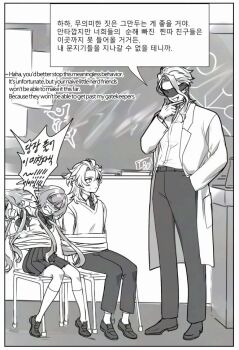 >_< 1girl 2boys 49ibo240 albedo_(genshin_impact) alternate_costume arm_at_side artist_name asymmetrical_bangs blank_eyes blindfold bound bound_torso bow bowtie chair chalkboard clenched_teeth coat commentary_request contemporary curtained_hair dottore_(genshin_impact) english_text facing_another facing_down fang finger_gun full_body genshin_impact greyscale hair_intakes half_updo hand_in_pocket hand_up indoors korean_commentary korean_text lapels large_bow looking_at_another mixed-language_text monochrome motion_lines multiple_boys necktie open_clothes open_coat open_mouth pants pleated_skirt sandrone_(genshin_impact) school_uniform shaded_face shirt shoes short_hair short_hair_with_long_locks sidelocks sitting skirt socks sweatdrop sweater_vest teeth tied_up_(nonsexual) tiptoes undershirt