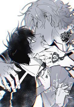 2boys arm_tattoo blue_lock chimmyming chromatic_aberration clothes_grab flower_tattoo greyscale hand_on_another&#039;s_chin highres isagi_yoichi licking licking_another&#039;s_face long_sleeves looking_at_another male_focus michael_kaiser monochrome multiple_boys neck_tattoo shirt_grab short_hair simple_background soccer_uniform sportswear tattoo upper_body white_background yaoi