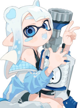 Rule 34 | 1girl, :d, absurdres, animal ears, bear ears, blue eyes, blue jacket, blunt bangs, blush, clothing request, dolphin shorts, fangs, h-3 nozzlenose (splatoon), highres, holding, holding weapon, inkling, inkling girl, inkling player character, jacket, leg warmers, nintendo, off shoulder, open mouth, sabata saba, shorts, sitting, smile, solo, splatoon (series), v, wariza, weapon, white hair, white leg warmers