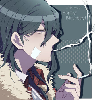 1boy 2019 between_fingers border cigarette collared_shirt commentary_request danganronpa_(series) danganronpa_another_episode:_ultra_despair_girls dated empty_eyes facial_hair fingernails from_side fur-trimmed_jacket fur_trim grey_background grey_hair hair_between_eyes halftone halftone_background hand_up happy_birthday highres holding holding_cigarette jacket long_hair looking_ahead male_focus nekoma_hikaru no_mouth no_pupils outside_border portrait profile red_shirt shirt smoke smoking solo towa_haiji white_border white_eyes