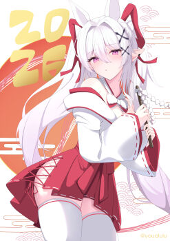 Rule 34 | 1girl, 2026, animal ears, artist name, bare shoulders, blush, bow, bowtie, breasts, cleavage, commentary request, criss-cross strings, cross-laced clothes, cross-laced skirt, detached collar, fake animal ears, gohei, hair between eyes, hair ornament, hakama, hakama short skirt, hakama skirt, head tilt, highres, holding, holding gohei, horse ears, japanese clothes, long hair, long sleeves, looking at viewer, medium breasts, nontraditional miko, off shoulder, original, parted lips, pink eyes, pointy ears, ribbon-trimmed bow, ribbon-trimmed skirt, ribbon-trimmed sleeves, ribbon trim, sidelocks, simple background, skirt, solo, standing, thighhighs, thighs, two-sided fabric, uaru, very long hair, white background, white bow, white bowtie, white hair, white thighhighs, wide sleeves, x hair ornament