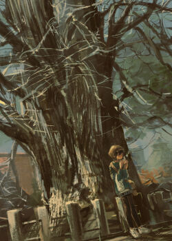 Rule 34 | 1girl, :o, absurdres, bag, bare tree, black pants, blue sky, blue sweater, building, commentary request, cup, day, drink, drinking, dutch angle, fence, full body, hat, highres, holding, holding drink, katakai, newsboy cap, original, outdoors, pants, parted lips, pine tree, scenery, shadow, shoes, shoulder bag, sky, sneakers, solo, standing, steam, sweater, teacup, tree, white bag, white shoes, yellow eyes, yellow hat