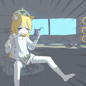 1girl absurdres alternate_costume animal_ear_fluff animal_ears barefoot blue_archive burger cat_ears chair closed_eyes commentary_request computer computer_mouse cup dirty dirty_clothes drink drinking_straw fang fangs feet_out_of_frame food french_fries gaming_chair hair_between_eyes halo highres holding holding_drink holding_straw long_hair mari_(blue_archive) monitor off_mode_mari_(blue_archive)_(ojibi) ojibi on_chair orange_hair pepsi shirt short_sleeves shorts sidelocks sitting skin_fangs solo spilled_drink swivel_chair white_shirt white_shorts yellow_halo