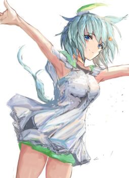 1girl animal_ears blue_eyes breasts brown_choker choker closed_mouth commentary_request dress ear_covers flower green_sailor_collar green_shorts grey_hair hair_between_eyes hair_flower hair_ornament hairclip horse_ears horse_girl horse_tail looking_at_viewer sailor_collar seiun_sky_(reeling_in_the_big_one)_(umamusume) seiun_sky_(umamusume) short_hair shorts shorts_under_dress simple_background single_ear_cover small_breasts smile solo sunflower sunflower_hair_ornament tail umamusume white_background white_dress yanagi_wakana