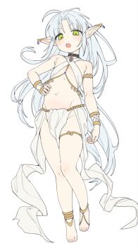 1girl anklet armlet bare_shoulders barefoot blue_hair blush choker collar contrapposto dot_nose earrings flat_chest forehead green_eyes hand_on_own_hip harem_outfit head_tilt highres hufy jewelry loincloth loli long_hair necklace open_mouth original pelvic_curtain pointy_ears simple_background slave solo standing teeth thighs upper_teeth_only very_long_hair white_background