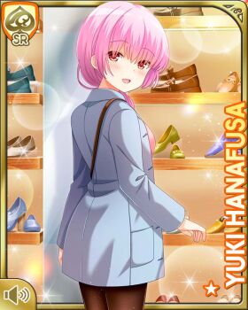 1girl black_pantyhose braid braided_ponytail card_(medium) day dress girlfriend_(kari) grey_jacket hanafusa_yuki hat indoors jacket official_art open_mouth pantyhose pink_dress pink_hair ponytail qp:flapper red_eyes scrunchie shirt shoe_shop smile standing tagme