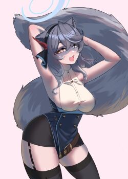 1girl 3am absurdres ako_(blue_archive) ako_(blue_archive)_(cosplay) animal_ears armpits blue_archive blue_eyes blue_halo breasts commentary cosplay cowboy_shot english_commentary grey_hair hair_between_eyes halo highres hikamio looking_at_viewer medium_breasts open_mouth raccoon_ears raccoon_girl raccoon_tail sideboob simple_background slit_pupils snuffy_(vtuber) solo tail thighhighs tongue virtual_youtuber white_background yellow_eyes