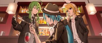 3girls ahoge aqua_eyes aqua_hair armor bar_(place) black_coat black_gloves black_hat black_jacket black_necktie blonde_hair blue_eyes bow ceiling_light cigarette cigarette_holder coat collared_shirt cup fedora fire glass_bottle gloves green_hair grey_vest gumi hair_between_eyes hair_bow hairband hands_up hat hatsune_miku highres holding holding_cigarette holding_lighter jacket japanese_armor kagamine_rin lighter long_hair looking_at_viewer low_ponytail medium_hair multiple_girls neckerchief necktie open_clothes open_coat ponytail shelf shirt shirt_partially_tucked_in short_hair shoulder_armor smoking sode vest vocaloid whiskers white_bow white_hairband white_neckerchief white_shirt wounds404