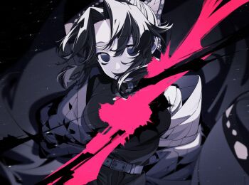 Rule 34 | 1girl, belt, belt buckle, breasts, buckle, butterfly hair ornament, buttons, demon slayer uniform, dodekai crape, hair between eyes, hair ornament, haori, high collar, highres, jacket, japanese clothes, kimetsu no yaiba, kochou shinobu, long hair, looking at viewer, pants, partially colored, solo, upper body