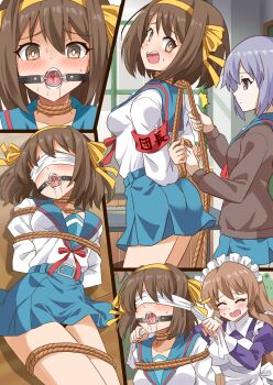 Rule 34 | 3girls, apron, armband, arms behind back, asahina mikuru, ass, bdsm, black jacket, black sweater, blue sailor collar, blue skirt, blush, bondage, bound, bound arms, bound legs, bound thighs, bound torso, breasts, brown hair, collarbone, collared shirt, drooling, embarrassed, female focus, gag, gagged, grey eyes, hair ornament, hair ribbon, highres, indoors, jacket, kita high school uniform, long hair, long sleeves, looking at viewer, looking back, looking to the side, lying, maid, maid apron, maid headdress, medium breasts, medium hair, multiple girls, multiple views, nagato yuki, neck ribbon, nervous, on back, on floor, open mouth, perky breasts, pleated skirt, purple hair, red armband, red ribbon, ribbon, ring gag, rope, sailor collar, saliva, saliva trail, school uniform, shibari, shibari over clothes, shimouki izui, shirt, sidelocks, skirt, small breasts, suzumiya haruhi, suzumiya haruhi no yuuutsu, sweat, sweatdrop, sweater, teeth, thighs, tongue, uvula, white shirt, window, wooden floor, yellow eyes, yellow ribbon