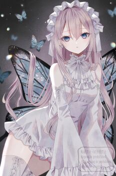1girl absurdres bare_shoulders bug butterfly butterfly_wings commentary detached_sleeves dress frilled_dress frilled_hairband frills hairband highres insect insect_wings long_hair long_sleeves looking_at_viewer megurine_luka paruno pink_hair short_dress sleeveless sleeveless_dress solo thighhighs very_long_hair vocaloid white_dress white_thighhighs wings