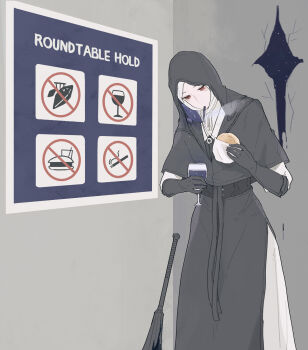 1girl alcohol bandon_fs black_capelet black_hood burger capelet coif cup drinking drinking_glass elbow_gloves elden_ring elden_ring_nightreign feet_out_of_frame food gloves hashtag-only_commentary highres holding holding_burger holding_cup holding_food hole_in_wall jewelry looking_down mace necklace no_smoking nun red_eyes sign smoking solo undertaker_(elden_ring) weapon white_coif wine wine_glass