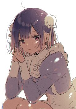 1boy :/ bloom center-flap_bangs closed_mouth colored_tips commentary_request crossdressing crossdressing_(mtf) dot_nose double-parted_bangs earrings elbows_on_knees expressionless frilled_shirt_collar frills from_side hair_ornament hair_ribbon hands_up highres jewelry leaning_forward long_sleeves looking_at_viewer male_focus medium_hair multicolored_hair original own_hands_clasped own_hands_together partial_commentary pink_eyes pink_hair pom_pom_(clothes) pom_pom_hair_ornament purple_hair purple_shirt ribbon shirt sidelocks simamura_hibari simple_background sitting skirt solo straight_hair tassel tassel_earrings trap two-tone_hair upper_body white_background white_ribbon white_skirt