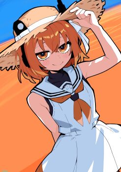 1girl absurdres adachi_rei bare_shoulders black_shirt blush commentary_request crossed_bangs dress hand_on_headwear hat headlamp highres looking_at_viewer medium_hair miketsushuu neckerchief ocean orange_eyes orange_hair orange_neckerchief orange_water radio_antenna sailor_collar sailor_dress shirt sleeveless sleeveless_dress smile solo straw_hat undershirt utau white_dress white_sailor_collar