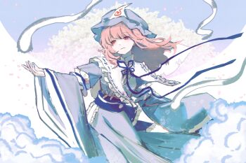 1girl blue_kimono cake_mogo cherry_blossoms closed_mouth commentary expressionless frills hat hitodama japanese_clothes kimono long_sleeves medium_hair mob_cap pink_eyes pink_hair pink_petals saigyouji_yuyuko solo touhou triangular_headpiece veil