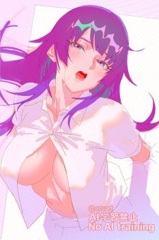 1girl artist_name bakemonogatari blush breasts collared_shirt covered_erect_nipples eyelashes large_breasts long_hair looking_at_viewer monogatari_(series) no_bra open_mouth partially_unbuttoned purple_hair rapa_rachi senjougahara_hitagi shadow shirt short_sleeves sidelocks sketch solo through_wall twitter_username upper_body very_long_hair watermark white_shirt