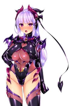 1girl areola_slip blush bodysuit breasts cleavage clothing_cutout collar corruption covered_erect_nipples covered_navel dark_persona demon_girl demon_horns demon_tail elbow_gloves game_cg gloves gluteal_fold hair_ornament hand_on_own_hip highleg highleg_leotard horns huge_breasts kisaragi_nozomi large_variant_set leotard long_hair looking_at_viewer non-web_source nose_blush official_art open_mouth ponytail purple_eyes purple_hair satou_kuuki see-through_clothes shadow_venus shinsou_seiki_elementia shiny_clothes shiny_skin skin_tight solo standing tail thighhighs transparent_background v-shaped_eyebrows variant_set