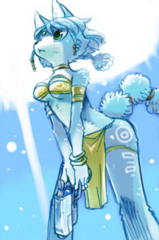 1girl animal_ears armlet bare_shoulders blue_background blue_hair bracelet breasts closed_mouth female_focus forehead_jewel fox_ears furry furry_female green_eyes gun handgun holding holding_gun holding_weapon jewelry jpeg_artifacts krystal leaning_forward legs_apart loincloth looking_up medium_breasts nintendo own_hands_together pelvic_curtain short_hair solo standing star_fox strapless tail tribal tube_top underboob v_arms weapon zenimaki