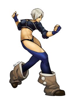 1girl angel_(kof) boots breasts female_focus gloves huge_breasts jacket large_breasts leather nd_1229 pale_skin panties short_hair smile smiley_face the_king_of_fighters thick_thighs thighs underwear white_hair