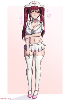 1girl artist_name bleach border breasts choker closed_mouth collarbone dokugamine_riruka female_focus full_body hat highres holding_own_arm large_breasts long_hair looking_at_viewer mistowing navel purple_eyes purple_hair shoes simple_background skirt stomach thighhighs thighs thong tsundere twintails white_border white_thighhighs