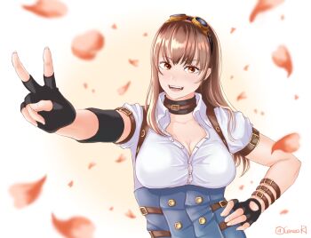belt black_choker black_gloves blue_overalls blush breasts brown_eyes brown_hair choker cleavage dead_or_alive dead_or_alive_5 falling_petals fingerless_gloves gloves goggles goggles_on_head hairband hand_on_own_hip haruki_(cerezo_r1) hitomi_(doa) large_breasts long_hair looking_at_viewer multiple_belts official_alternate_costume open_mouth overalls petals pink_hairband shirt sidelocks smile suspenders v white_shirt