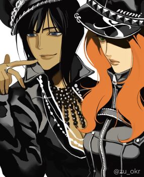 2girls black_hair black_hat blue_eyes blunt_bangs commentary english_commentary eyelashes green_eyes hat highres jewelry long_hair looking_ahead multiple_girls nami_(one_piece) nico_robin one_piece orange_hair ring simple_background smile twitter_username white_background zipper zu_okr