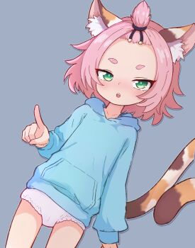 1girl absurdres animal_ear_fluff animal_ears bangs_pinned_back cat_ears cat_girl cat_tail diona_(genshin_impact) forehead genshin_impact green_eyes highres hood hoodie loli no_pants panties pepzi pink_hair short_hair simple_background solo tail underwear white_panties