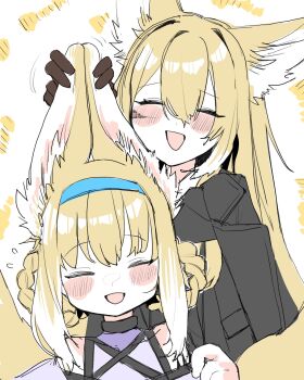 2girls animal_ear_fluff animal_ears arknights bare_shoulders blonde_hair blush braid closed_eyes formal_clothes fox_ears fox_girl fox_tail grabbing_another&#039;s_ear hair_between_eyes hairband hand_on_another&#039;s_ear happy highres long_hair mother_and_daughter multiple_girls open_mouth shima_(wideshi_ma) smile suit suzuran_(arknights) tail very_long_hair vulpisfoglia_(arknights)