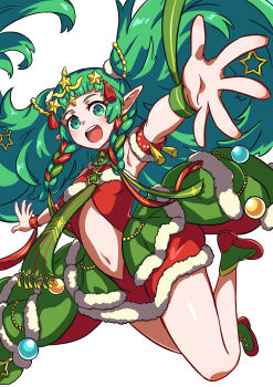 1girl absurdres blush braid breasts christmas christmas_ornaments christmas_ornaments_in_hair cianter fire_emblem fire_emblem:_three_houses fire_emblem_heroes fur_trim green_eyes green_hair hair_ornament hair_ribbon highres long_hair navel nintendo official_alternate_costume open_mouth outstretched_arms pointy_ears ribbon ribbon_braid santa_costume small_breasts smile solo sothis_(fire_emblem) sothis_(winter)_(fire_emblem) stomach tiara twin_braids