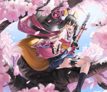 1girl absurdres animal_ears blue_archive braid brown_hair cherry_blossoms fishnet_thighhighs fishnets fox_ears fox_girl fox_hair_ornament fox_shadow_puppet fox_tail gloves gun halo highres in_tree izuna_(blue_archive) japanese_clothes kimyo kunai loafers partially_fingerless_gloves pink_halo pink_scarf revision scarf school_uniform serafuku shoes short_hair single_thighhigh sitting sitting_in_tree submachine_gun tail thighhighs tree type_100_smg weapon yellow_eyes