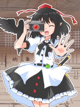 1girl bird black_bird black_bow black_bowtie black_hair bow bowtie camera closed_eyes collared_shirt commentary_request crow facing_viewer frilled_skirt frills hat hauchiwa highres holding holding_camera no_wings open_mouth outline pointy_ears puffy_short_sleeves puffy_sleeves red_hat scarlet_weather_rhapsody shameimaru_aya shirt short_sleeves skirt smile solo taking_picture tokin_hat touhou white_outline white_shirt yakousei_no_kame