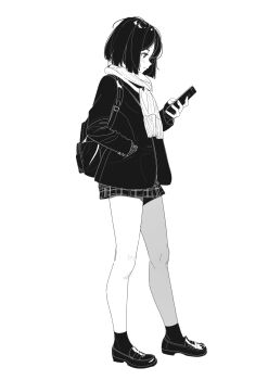 Rule 34 | 1girl, bag, cellphone, feishi, full body, hand in pocket, monochrome, original, phone, scarf, school uniform, smartphone, solo, standing