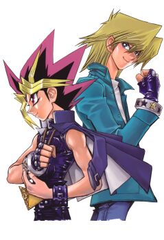 2boys aqua_jacket black_gloves black_hair black_jacket black_shirt blonde_hair clenched_hand fingerless_gloves gloves jacket jacket_on_shoulders jewelry jonouchi_katsuya millennium_puzzle multicolored_hair multiple_boys official_art open_clothes open_jacket pink_hair shirt short_hair simple_background sleeveless sleeveless_shirt spiked_hair takahashi_kazuki upper_body white_background yami_yugi yu-gi-oh! yu-gi-oh!_duel_monsters