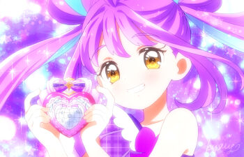 1girl blue_hair cure_kyunkyun double_bun grin hair_bun henshin holding idol_heart_brooch_(precure) kimi_to_idol_precure kyanos_(b_0000ff) looking_at_viewer magical_girl multicolored_hair precure purple_background purple_hair shigure_kokoro smile solo sparkle_background streaked_hair twintails two-tone_hair upper_body yellow_eyes