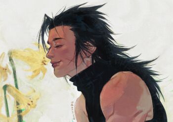 1boy 2024 bare_shoulders black_hair black_shirt closed_eyes closed_mouth commentary_request cross_scar earrings facial_scar final_fantasy final_fantasy_vii flower hair_slicked_back highres jewelry lily_(flower) long_hair male_focus row056 scar scar_on_cheek scar_on_face shirt sideburns single_earring sleeveless sleeveless_turtleneck smile solo turtleneck upper_body yellow_flower zack_fair