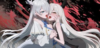 2girls absurdres bare_arms bare_shoulders black_dress blue_eyes breasts brown_eyes commentary commission detached_sleeves dress english_commentary goback grey_hair grey_wings hair_over_one_eye hand_on_another's_face highres horns large_breasts long_hair long_sleeves low_wings multiple_girls original puffy_long_sleeves puffy_sleeves saliva saliva_trail sharp_teeth sleeveless sleeveless_dress teeth tongue tongue_out very_long_hair white_dress white_sleeves wings yuri