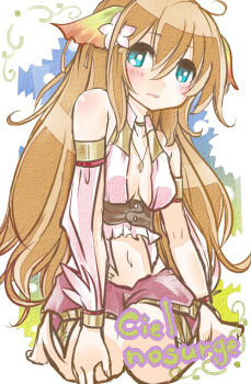 1girl aqua_eyes bavarian blush bracelet brown_hair ciel_nosurge copyright_name female_focus gust hair_ornament ionasal_kkll_preciel jewelry kenoka long_hair no_bra solo surge_concerto