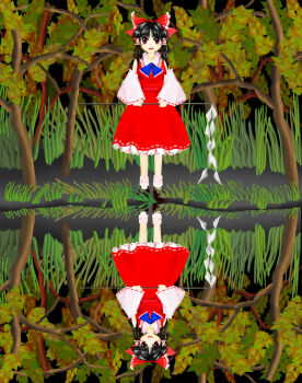 1girl ascot black_hair blue_ascot blush_stickers bow commentary_request detached_sleeves gohei hair_bow hair_tubes hakurei_reimu holding holding_gohei kams looking_at_viewer nontraditional_miko open_mouth red_bow red_eyes red_skirt reflection rope shimenawa skirt straight-on touhou tree water wide_sleeves zun_(style)