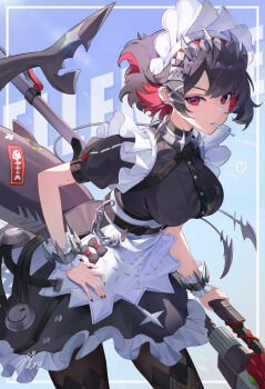 1girl absurdres apron black_bow black_dress black_hair bow breasts colored_inner_hair dress ellen_joe fins fish_tail hair_ornament heart highres holding holding_weapon kurimui2 maid_headdress multicolored_hair pantyhose red_eyes red_hair red_nails shark_girl shark_tail short_hair signature solo tail weapon white_apron zenless_zone_zero