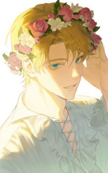 1boy alberu_crossman bishounen blonde_hair blue_eyes commentary_request cross-laced_clothes flower frilled_shirt frilled_sleeves frills hand_on_own_head hand_up head_wreath highres korean_commentary long_sleeves looking_at_viewer lout_of_count&#039;s_family male_focus monchya_33 parted_bangs parted_lips pink_flower pink_rose rose shirt short_hair simple_background smile solo upper_body white_background white_shirt