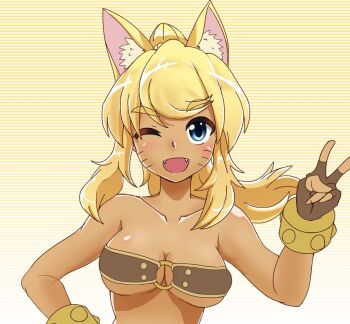 1girl animal_ears artist_request blonde_hair blue_eyes blush breasts cleavage fingerless_gloves gloves liru medium_breasts one_eye_closed open_mouth renkin_san-kyuu_magical_pokaan solo underboob v wink wolf_ears wolf_girl