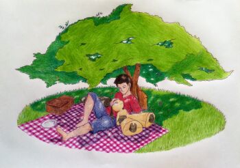 1boy 1girl against_tree arm_support artist_self-insert barefoot black_eyes black_hair black_skin blue_shorts closed_mouth colored_skin dappled_sunlight day eye_contact feet flat_chest gen_3_pokemon grass happy head_on_another's_stomach hetero highres interspecies knee_up long_hair looking_at_another looking_down looking_up lying matching_hair/eyes mawaifu mawile multicolored_skin nintendo on_back outdoors picnic picnic_basket picnic_blanket plate poke_ball poke_ball_(basic) pokemon pokemon_(creature) red_eyes red_shirt shirt short_hair short_sleeves shorts sidelocks smile soles sunlight thick_thighs thighs traditional_media tree two-tone_skin under_tree yellow_skin