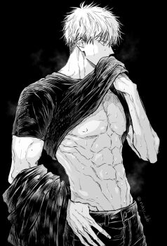 1boy abs black_background clothes_lift commentary_request compression_shirt gojou_satoru hand_on_own_hip highres holding holding_unworn_clothes jujutsu_kaisen lifting_own_clothes male_focus navel navel_hair nay_bb nipples pants pectorals shirt_lift short_hair simple_background solo steam sweat toned toned_male