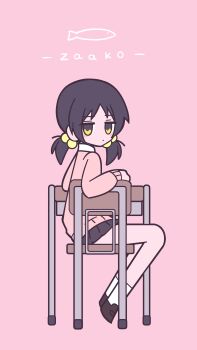 1girl absurdres black_hair black_skirt brown_shoes cardigan chair channel_(caststation)_(style) closed_mouth desk expressionless fish from_behind goldiedood highres jitome kaai_yuki looking_at_viewer parody pink_background pink_cardigan pleated_skirt school_chair school_desk school_uniform shoes short_twintails simple_background sitting skirt socks song_name style_parody twintails vocaloid white_socks yellow_eyes zako_(vocaloid)