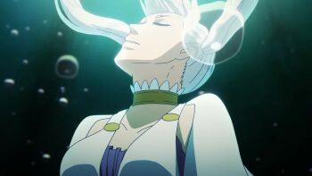 1girl animated anime_screenshot black_clover bouncing_breasts breasts closed_eyes dress highres large_breasts long_hair noelle_silva purple_dress tagme twintails video white_dress white_hair