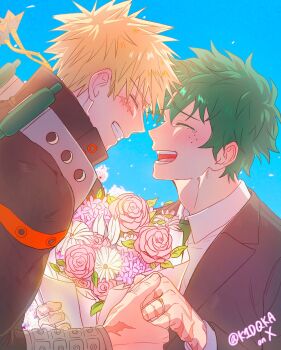 2boys ^_^ bakugou_katsuki black_jacket blue_sky blush boku_no_hero_academia bouquet closed_eyes collared_shirt colored_eyelashes commentary crying ear_blush face-to-face facial_scar facing_another flower flower_request freckles from_side green_hair green_necktie grin happy highres holding holding_bouquet holding_hands jacket jewelry k1dqka lapels leaf long_sleeves male_focus midoriya_izuku multiple_boys multiple_scars necktie nose_blush notched_lapels open_clothes open_jacket open_mouth pink_flower pink_rose profile purple_flower ring rose scar scar_on_cheek scar_on_face scar_on_hand shirt sky smile superhero_costume tears teeth tongue twitter_username upper_body wedding_ring white_flower white_shirt wing_collar yaoi