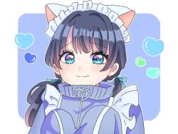 Rule 34 | 1girl, animal ears, blue background, blue eyes, blue hair, blue jacket, blue ribbon, blush, border, cat ears, closed mouth, commentary, dark blue hair, fake animal ears, hair ribbon, harusame soup (har s k), heart, heart-shaped pupils, high collar, jacket, jersey maid, link! like! love live!, long hair, long sleeves, looking at viewer, love live!, low twintails, maid, murano sayaka, outline, outside border, ribbon, sleeves past fingers, sleeves past wrists, smile, solo, split mouth, symbol-shaped pupils, track jacket, twintails, unconventional maid, upper body, virtual youtuber, white border, white outline