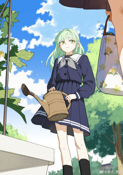 Rule 34 | 2girls, absurdres, bang dream!, bang dream! it's mygo!!!!!, blue sky, chinese commentary, closed mouth, cloud, cloudy sky, commentary request, day, feet out of frame, gardening, green hair, highres, holding, holding watering can, long hair, long sleeves, looking at another, multiple girls, nagasaki soyo, outdoors, plant, pleated skirt, rakuichi, school uniform, skirt, sky, socks, standing, tsukinomori school uniform, wakaba mutsumi, watering can